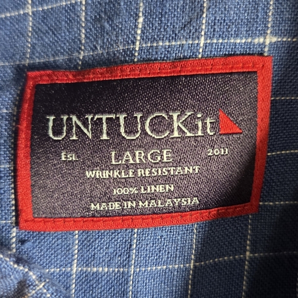 UNTUCKit Men's 100% Linen Blue Grid Pattern Shirt Size L - Picture 8 of 10